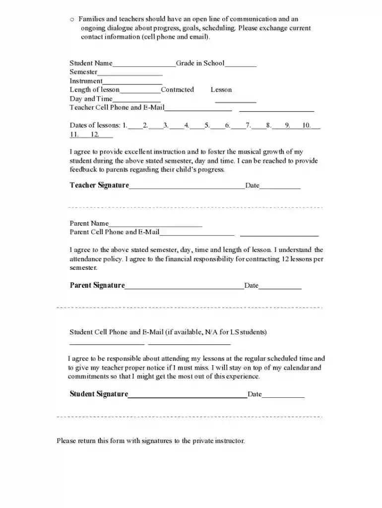 private music lesson contract Preview on Page 1