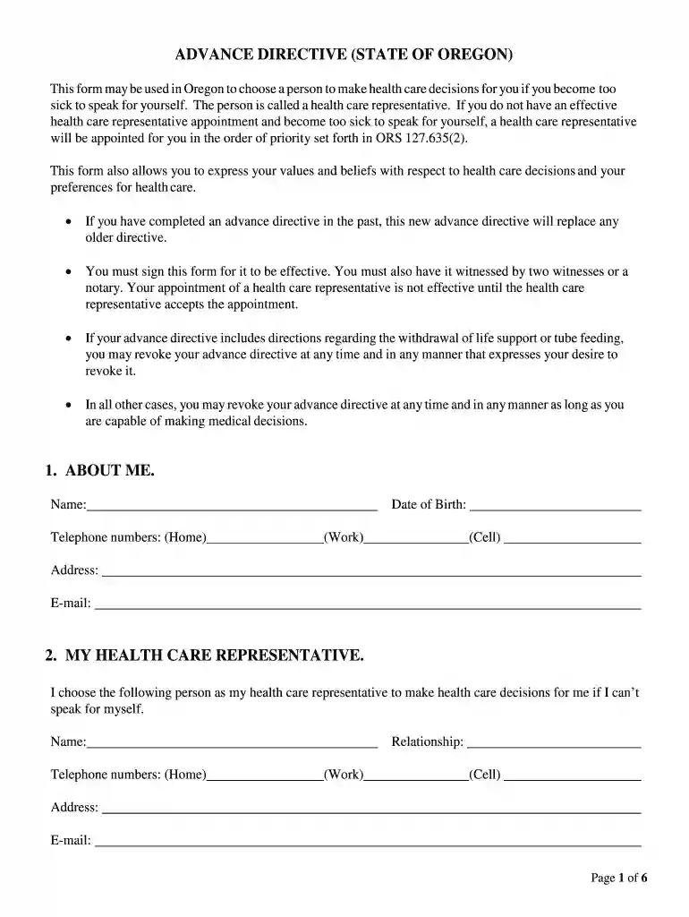oregon advance directive form Preview on Page 1