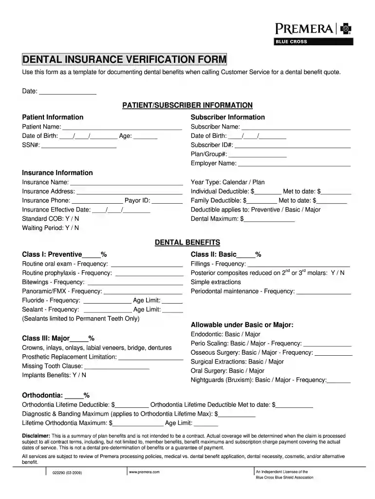 dental insurance breakdown form Preview on Page 1