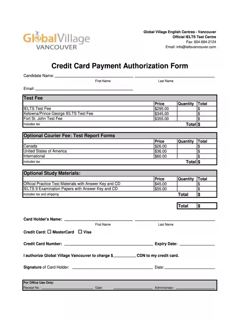 Credit Card Payment Authorization Form - IELTS Vancouver Preview on Page 1