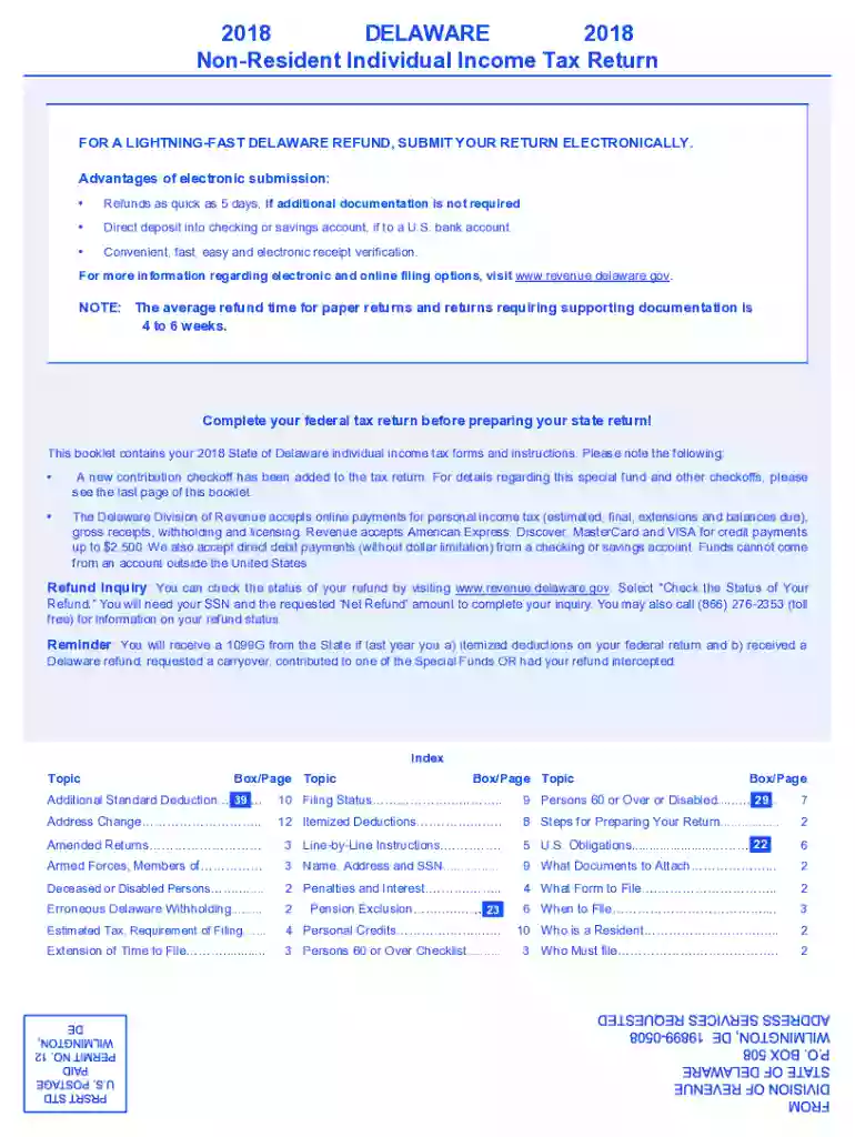 2018 Delaware Non-Resident Individual Income Tax Return Preview on Page 1