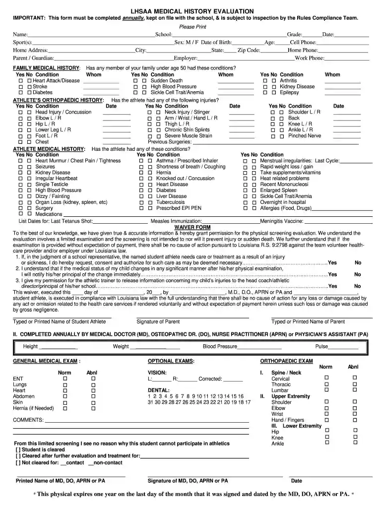 louisiana sports physical form Preview on Page 1