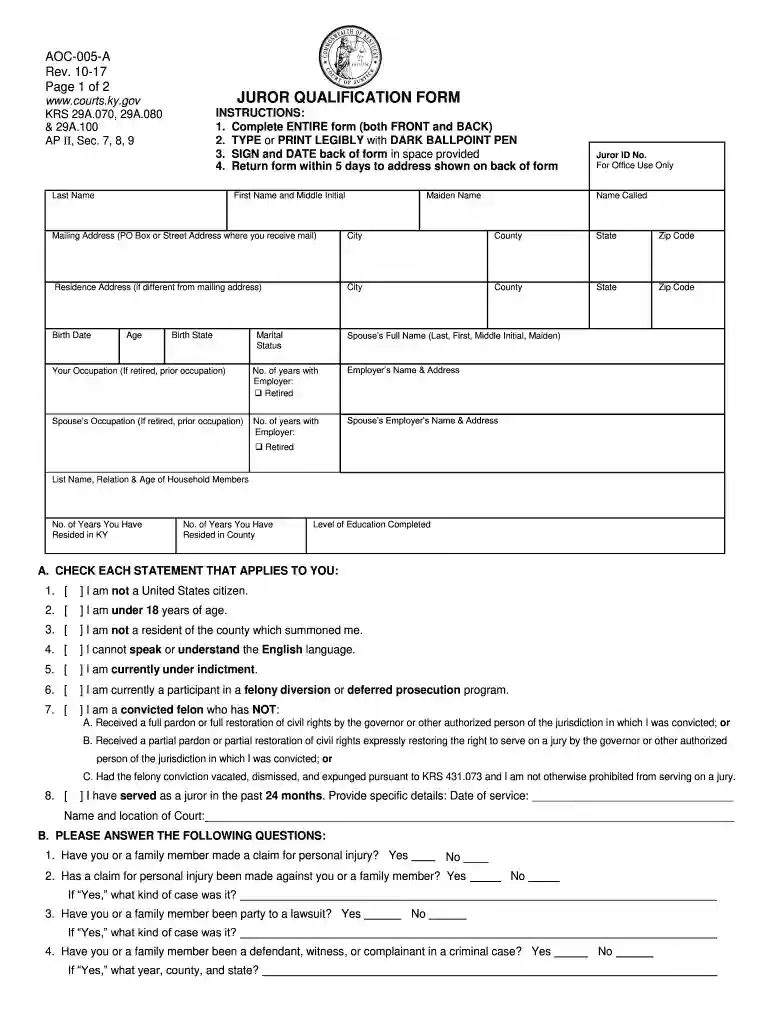 juror qualification form Preview on Page 1