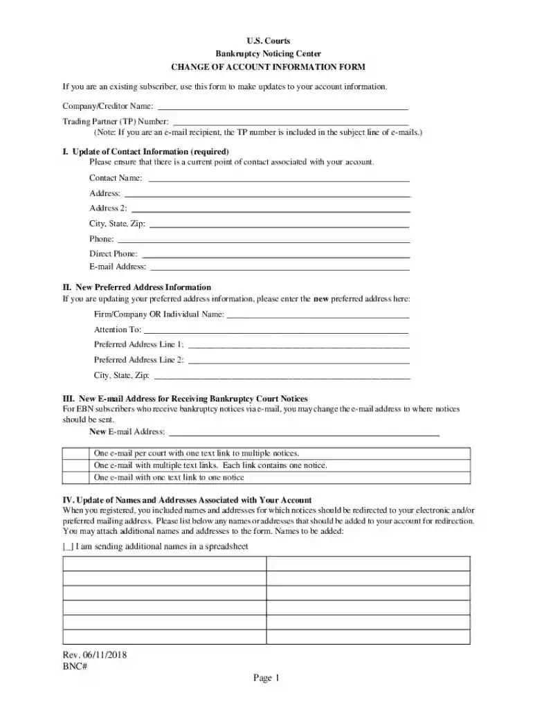 US Bankruptcy Noticing Center Account Update Form Preview on Page 1