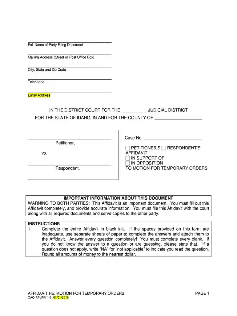 emergency custody order idaho forms Preview on Page 1