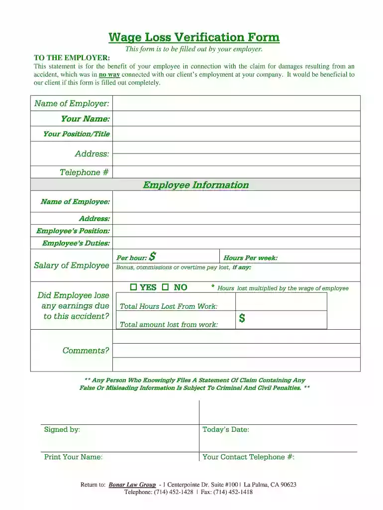 wage loss verification form Preview on Page 1