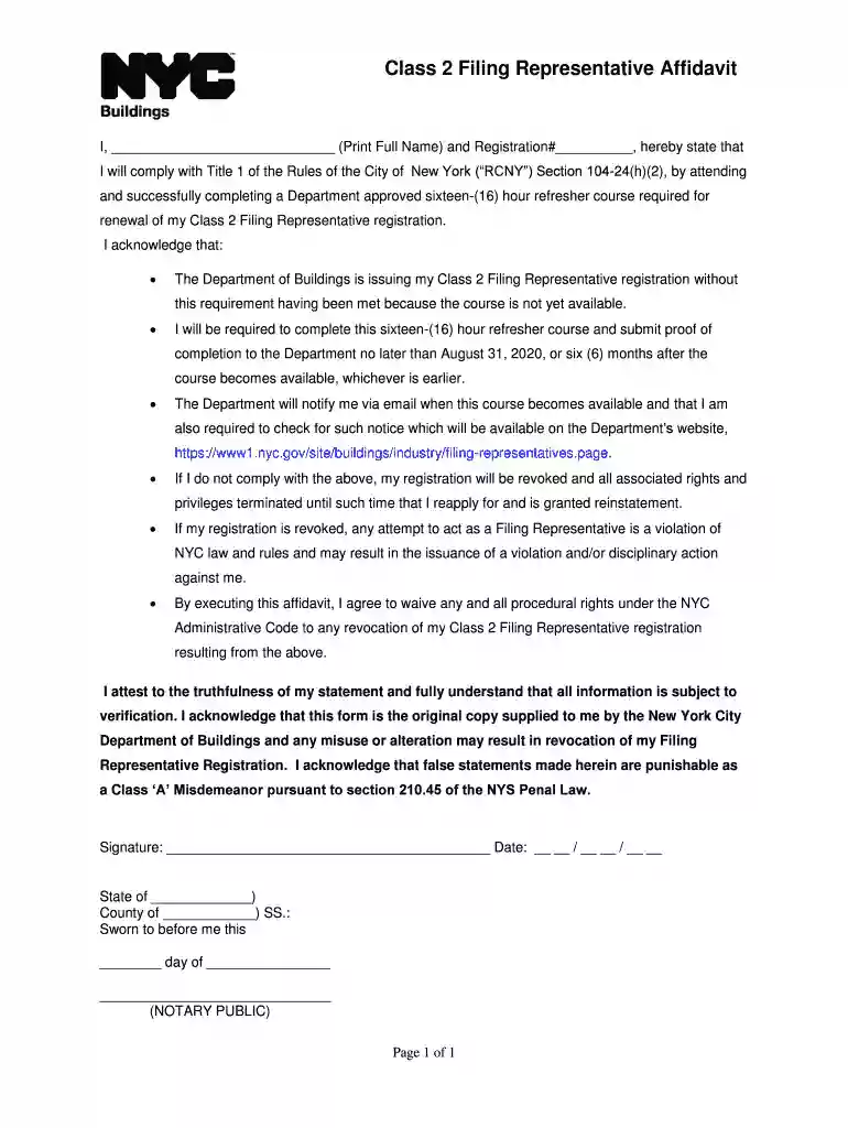 Class 2 Filing Representative Affidavit Preview on Page 1