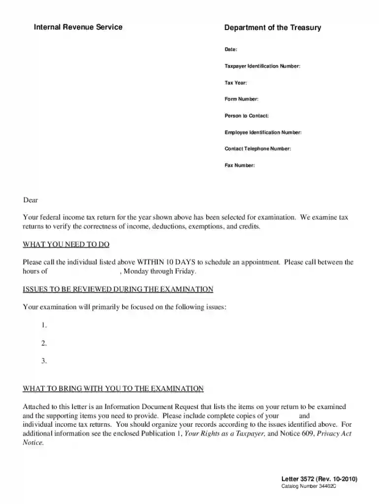 Letter 3572 (Rev 10-2010) Exam Call-Back Letter Preview on Page 1