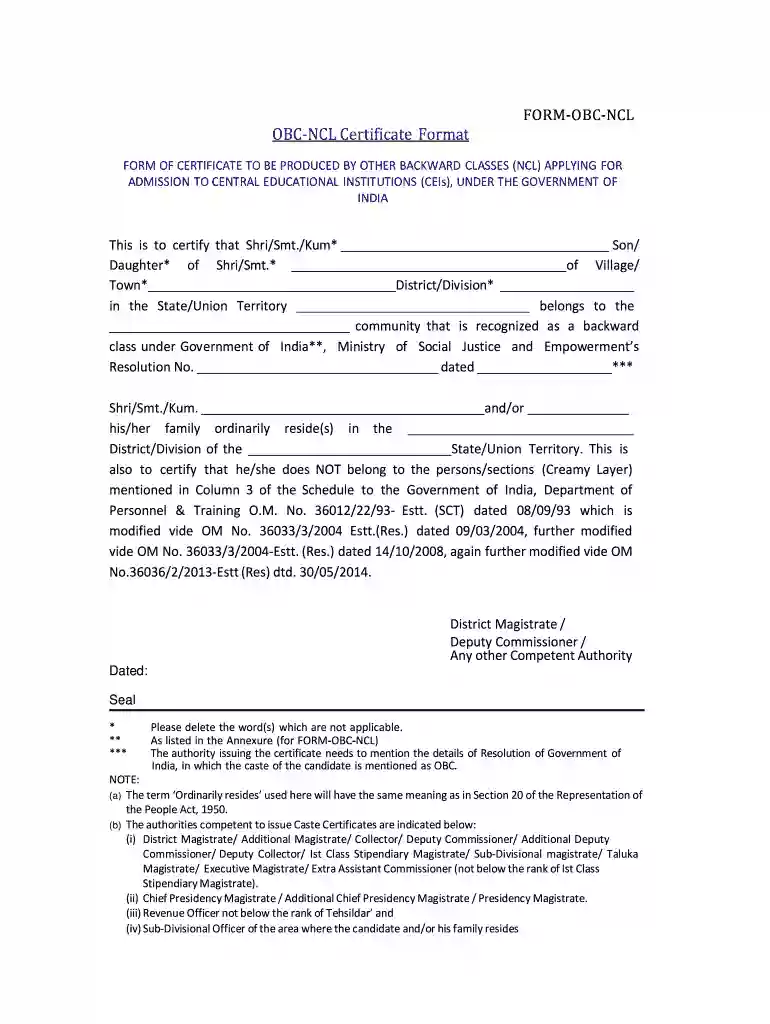 form of certificate to be produced by other backward classes in hindi Preview on Page 1