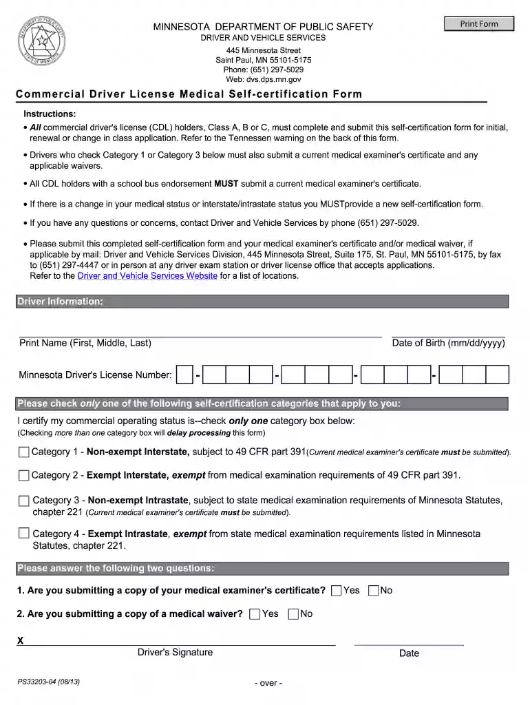 minnesota self certification form Preview on Page 1