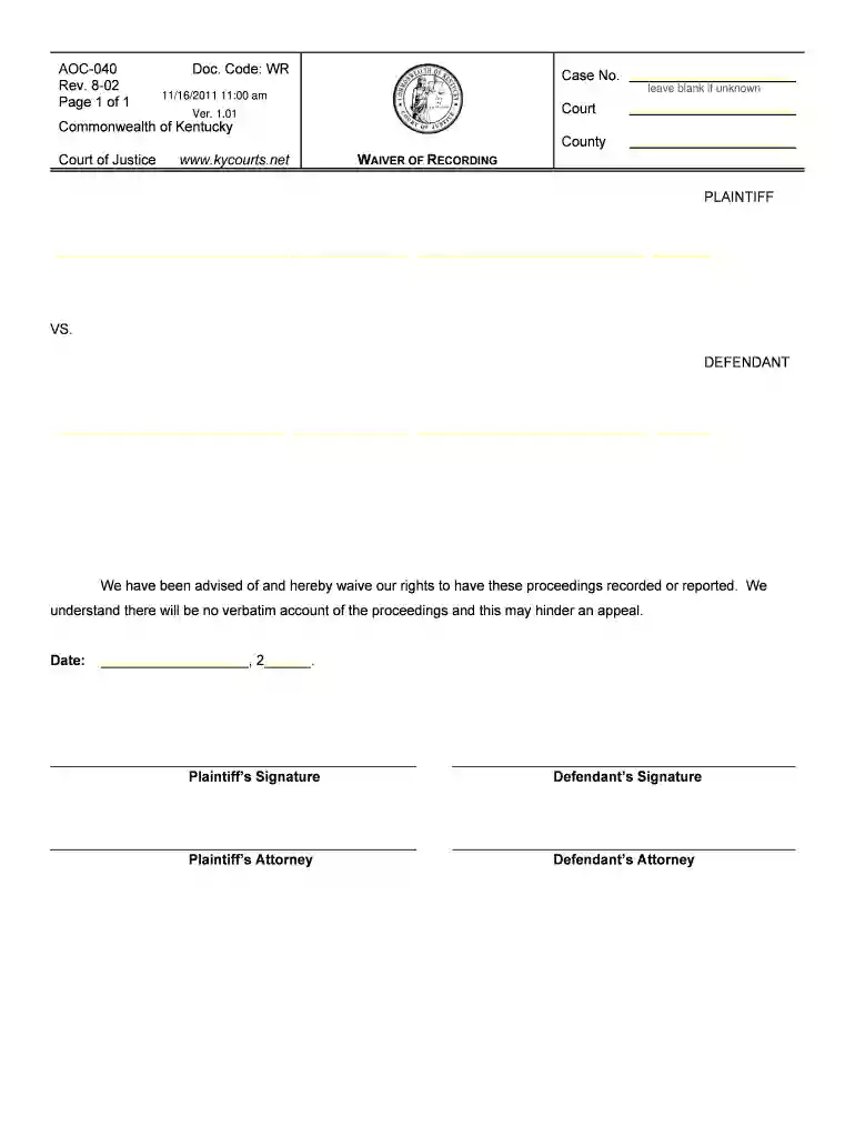 ky probate form aoc 040 Preview on Page 1