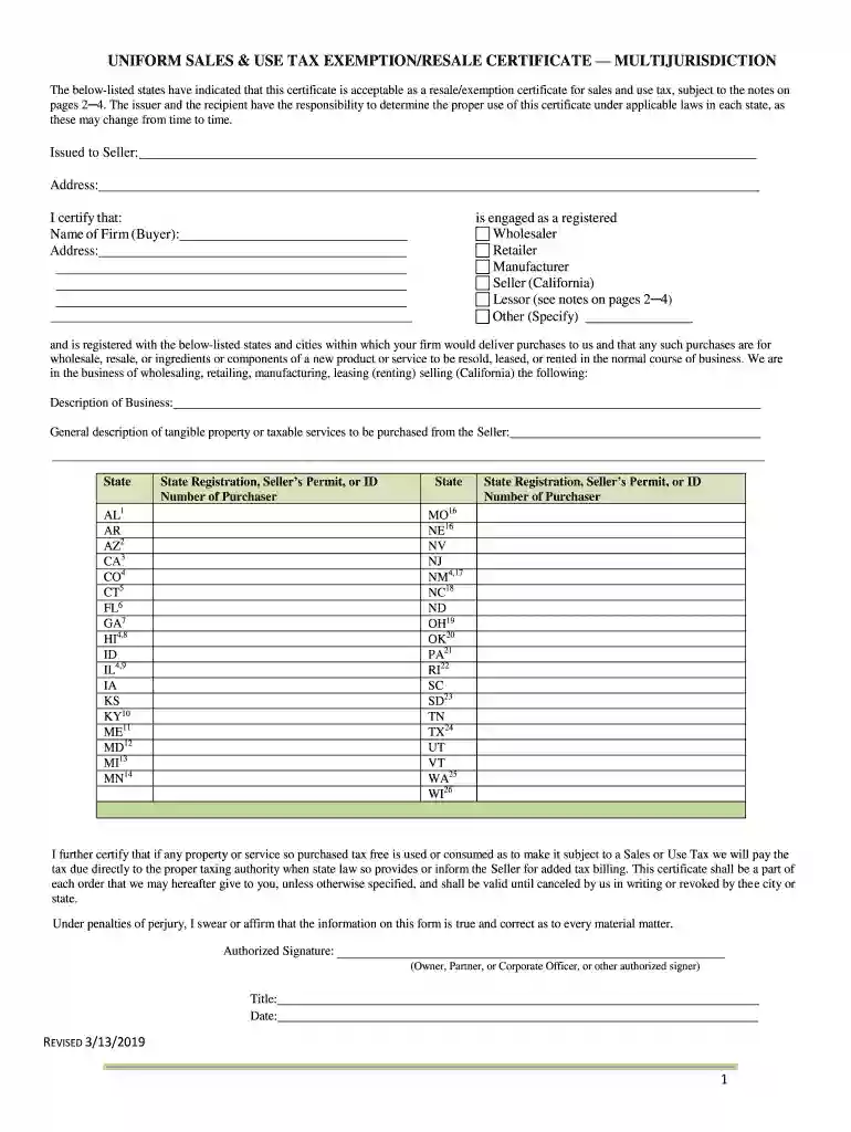 multijurisdictional resale certificate pdf Preview on Page 1