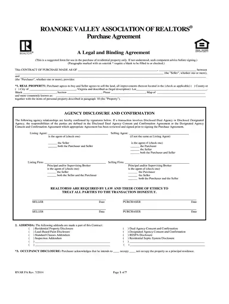 roanoke realtor purchase agreement 2014 form Preview on Page 1