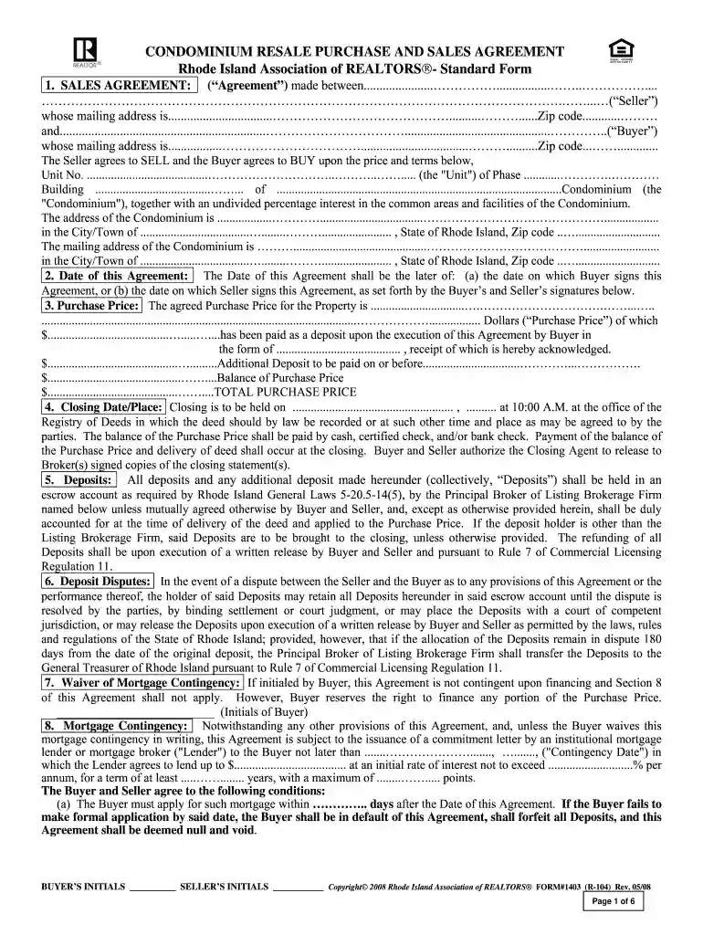 CONDOMINIUM RESALE PURCHASE AND SALES AGREEMENT Rhode Island ... - rirealtors Preview on Page 1
