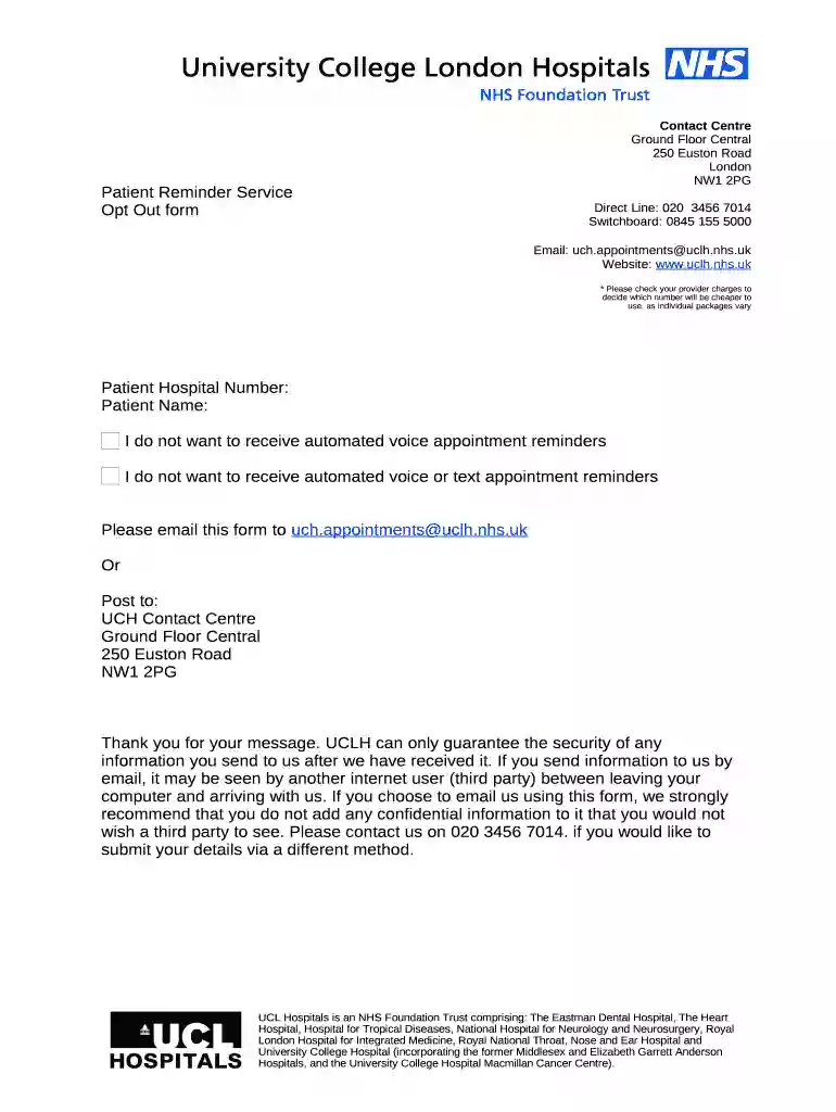 Patient telephone reminder service opt-out form - uclh nhs uk Preview on Page 1