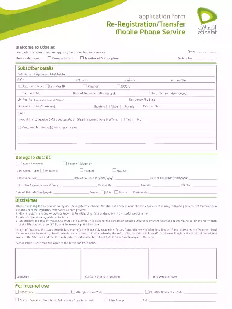 Application form Re-Registration/Transfer Mobile Phone Service Preview on Page 1