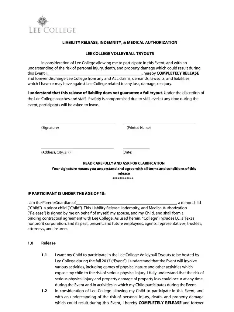 Liability Release, Indemnity & Medical Authorization Lee College Volleyball Tryouts Preview on Page 1
