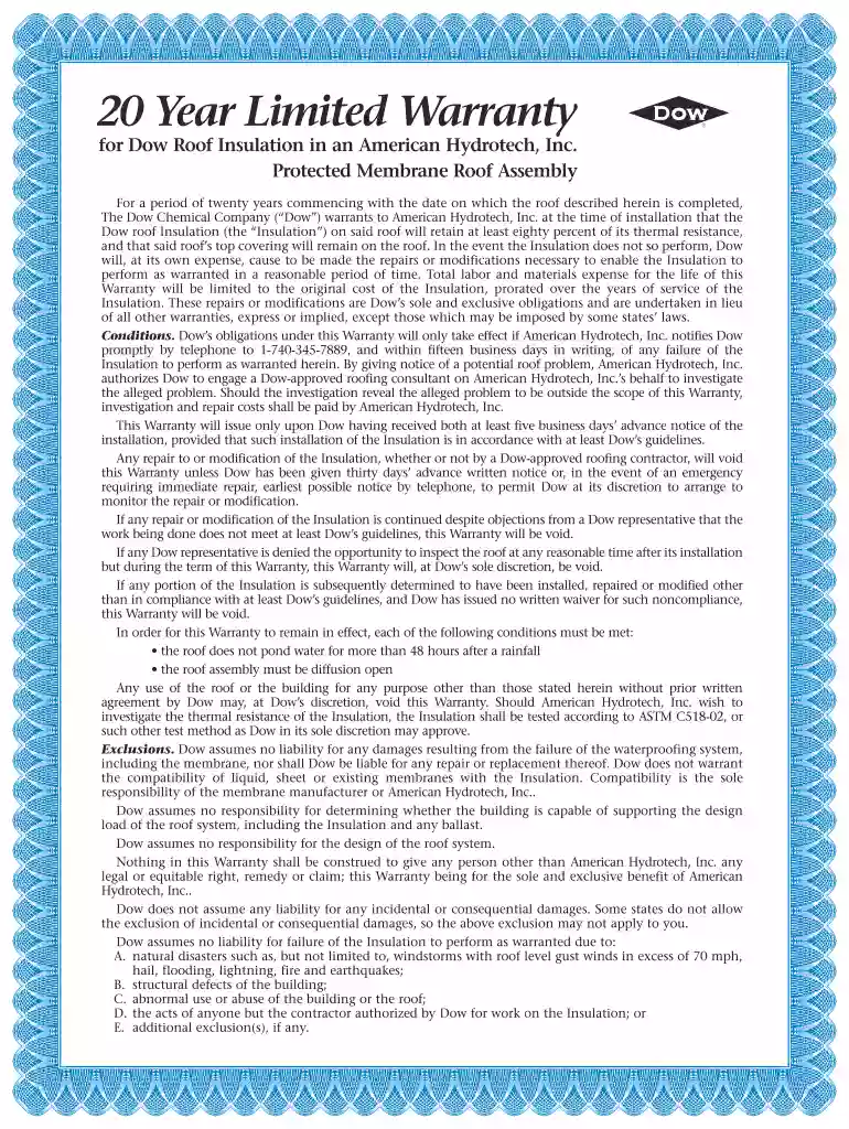 20 Year Limited Warranty Preview on Page 1