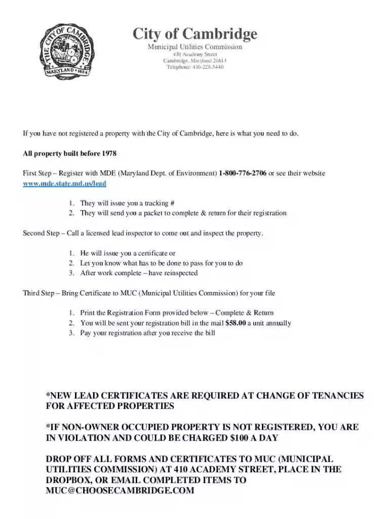 Cambridge Rental Registration Form Preview on Page 1
