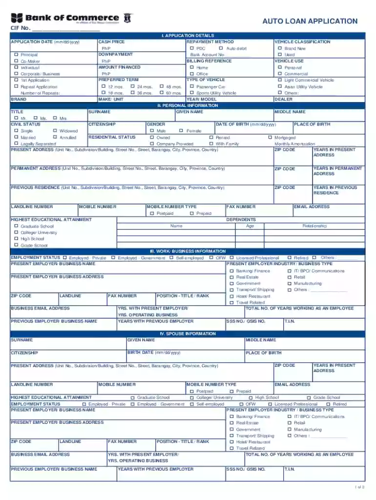 Auto Loan Application Preview on Page 1