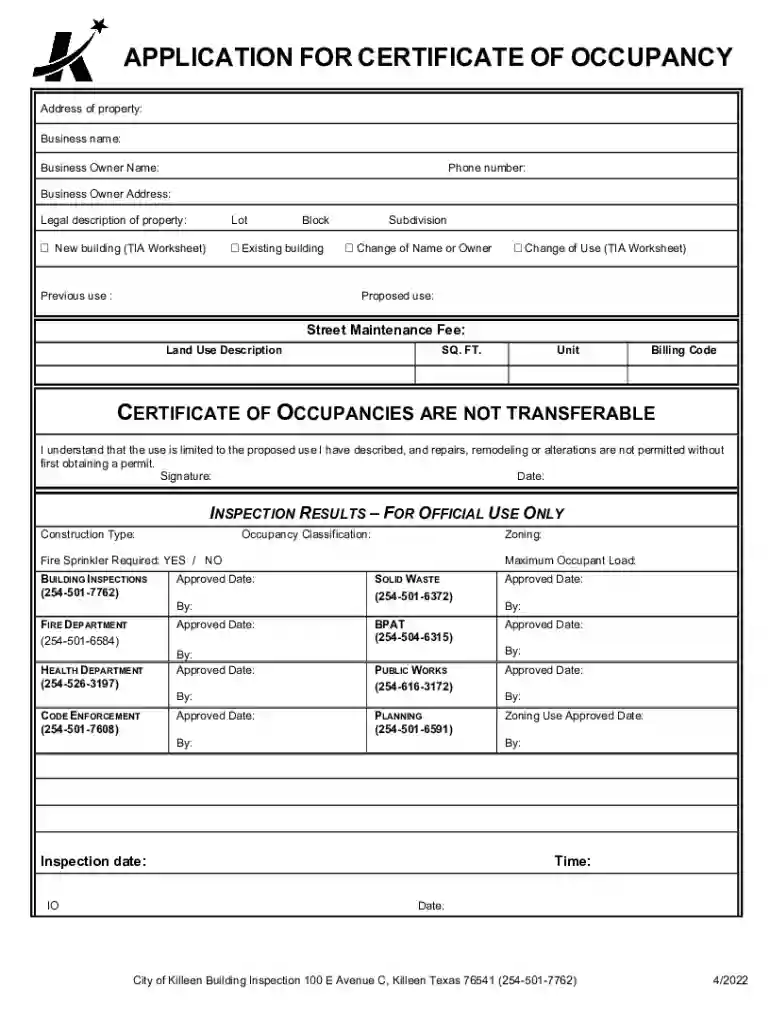 certificate of occupancy form Preview on Page 1