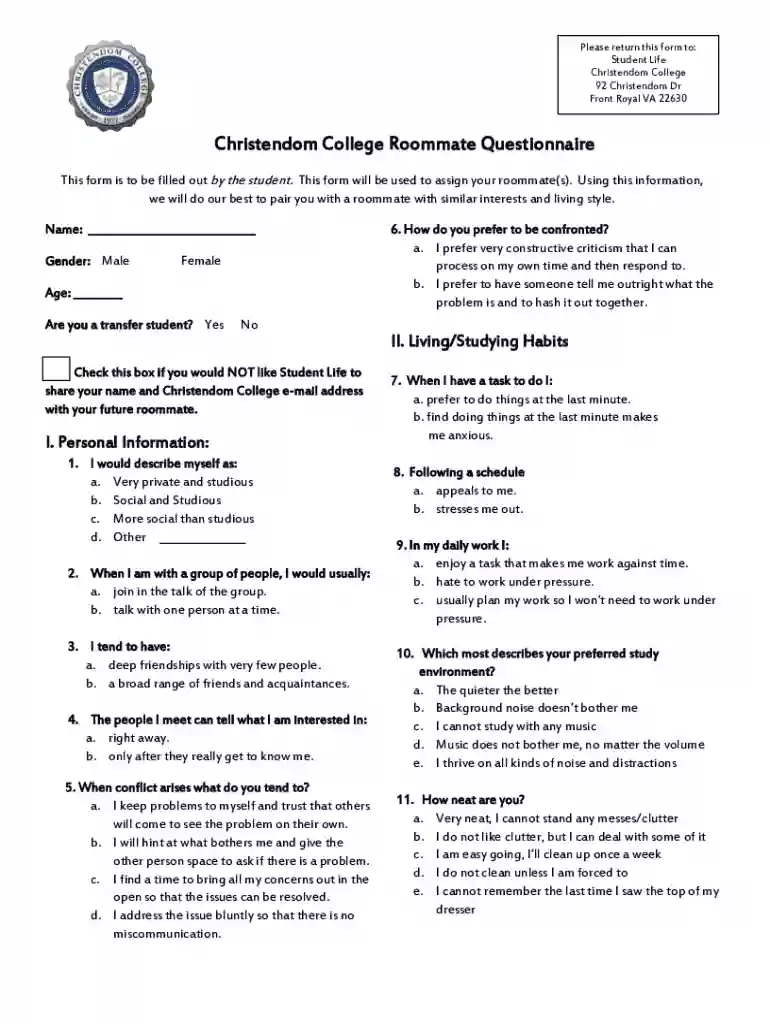 Christendom College Roommate Questionnaire Preview on Page 1