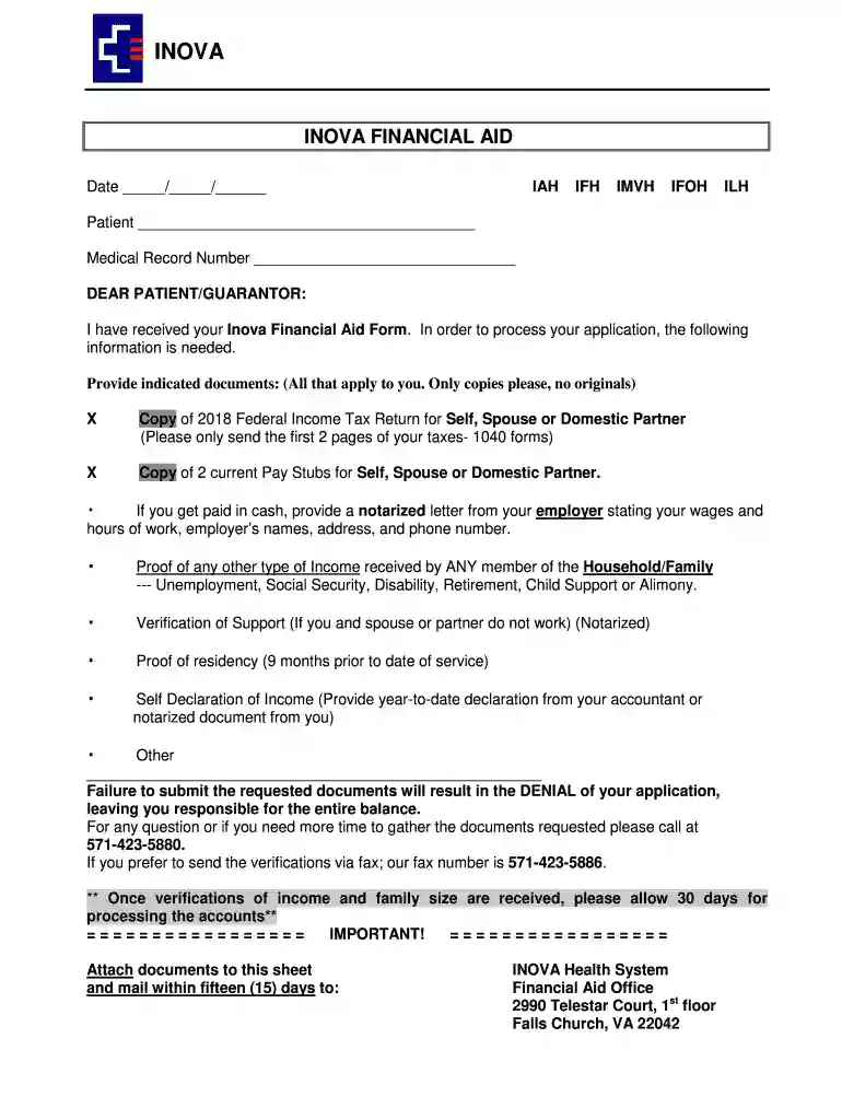 inova financial assistance application form Preview on Page 1