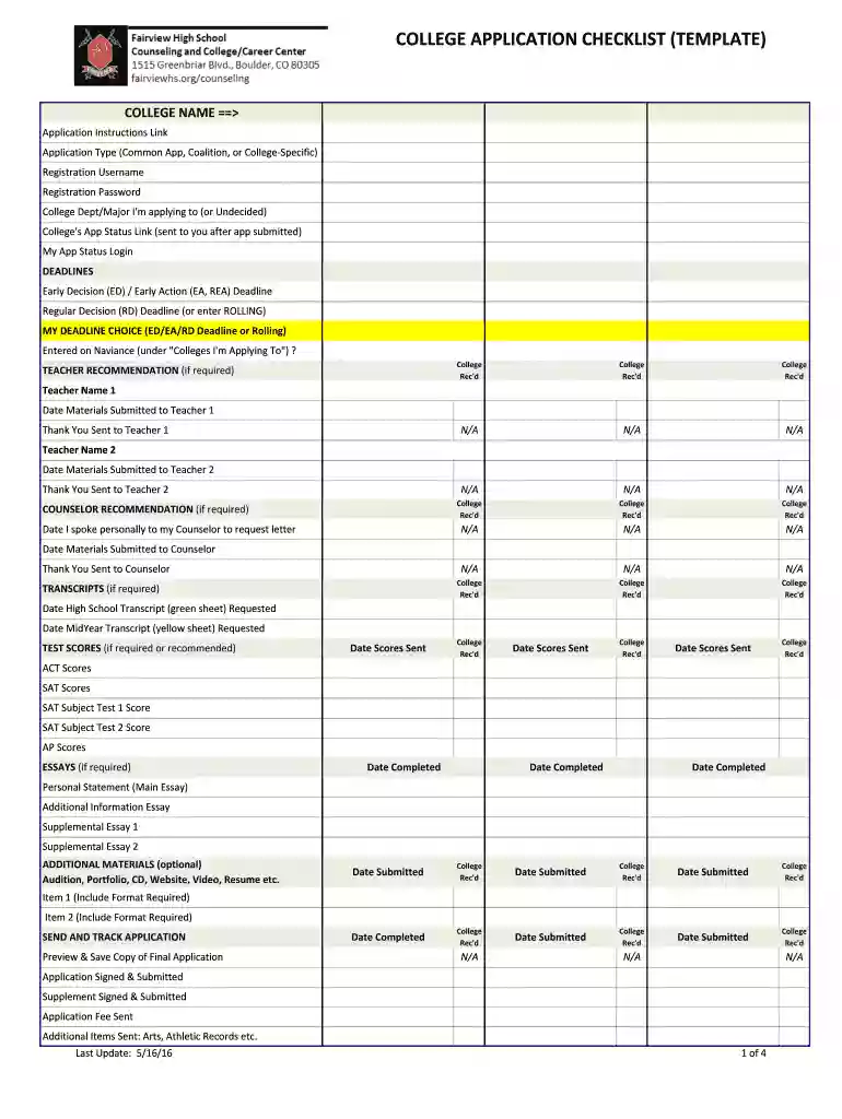 college list template Preview on Page 1
