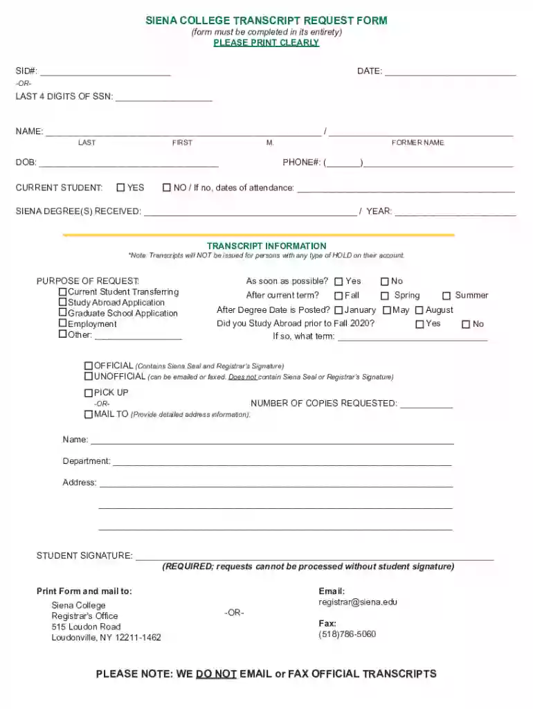 siena college transcript request Preview on Page 1