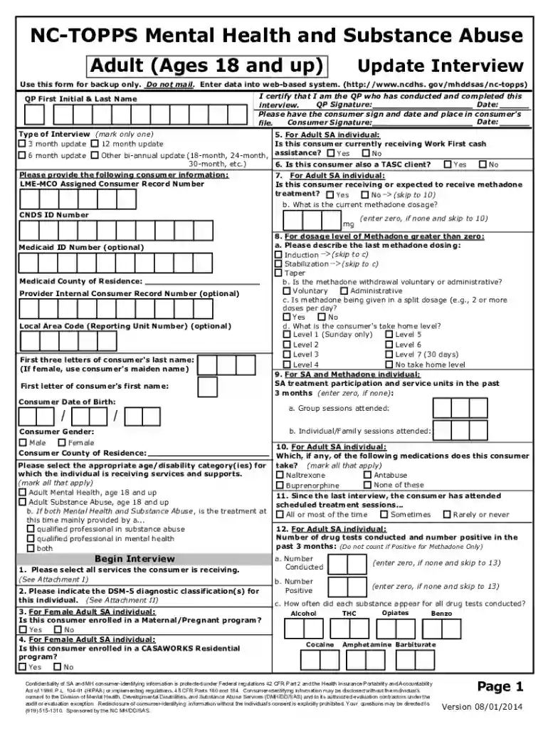 2014 NC NC-TOPPS Mental Health and Substance Abuse Adult (Ages 18 and up) Update Interview Preview on Page 1