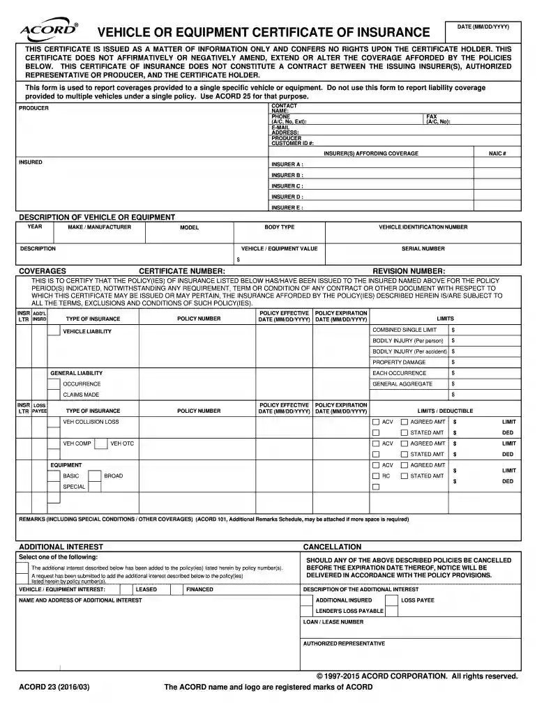 vehicle or equipment certificate of insurance Preview on Page 1
