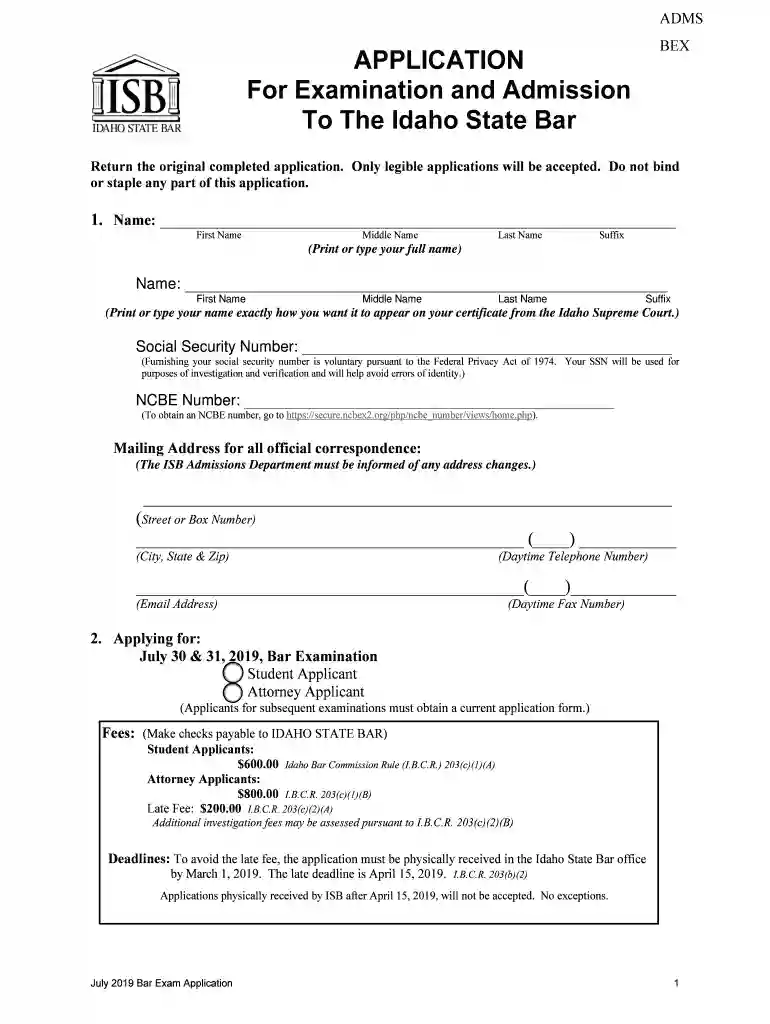 idaho bar application Preview on Page 1