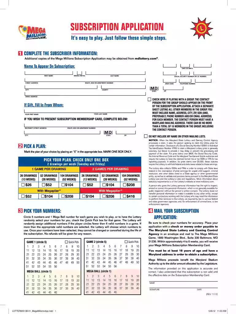 2012 MD Subscription Application Form Preview on Page 1
