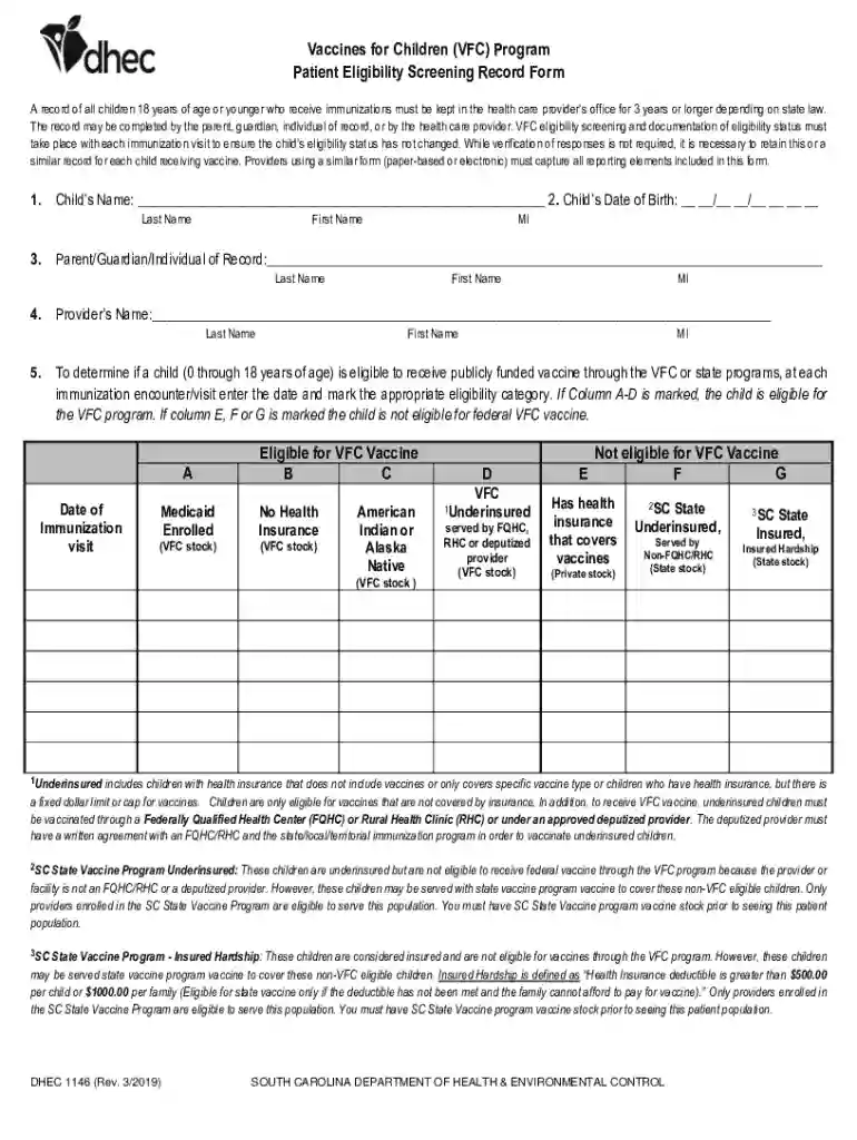 Vaccines for Children (VFC) Program Patient Eligibility Screening Preview on Page 1