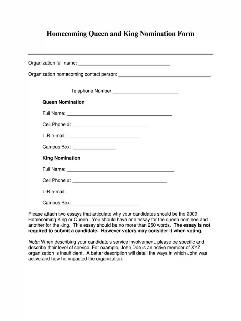 homecoming court nomination form Preview on Page 1