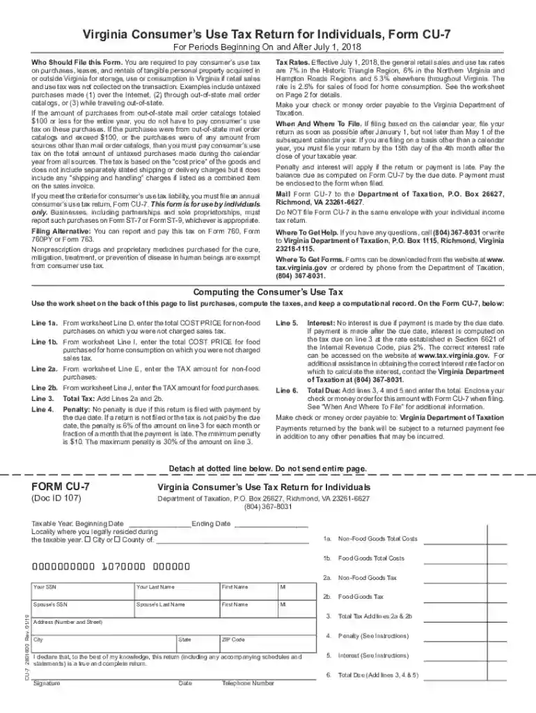 Form CU-7, Virginia Consumers Use Tax Return for Individuals Virginia Consumers Use Tax Return for I Preview on Page 1