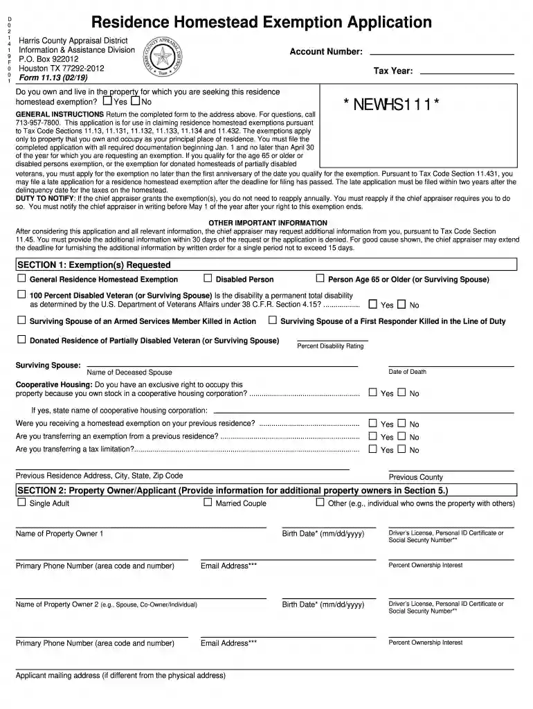 hcad homestead exemption form Preview on Page 1