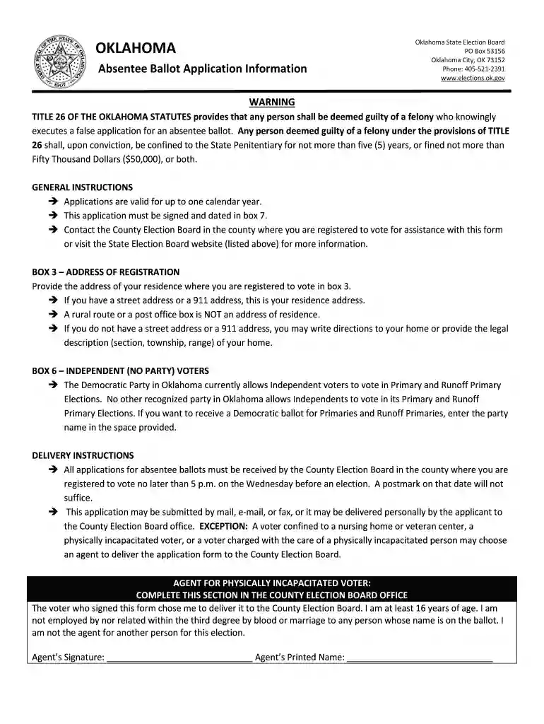 Oklahoma Absentee Ballot Application - OK Preview on Page 1