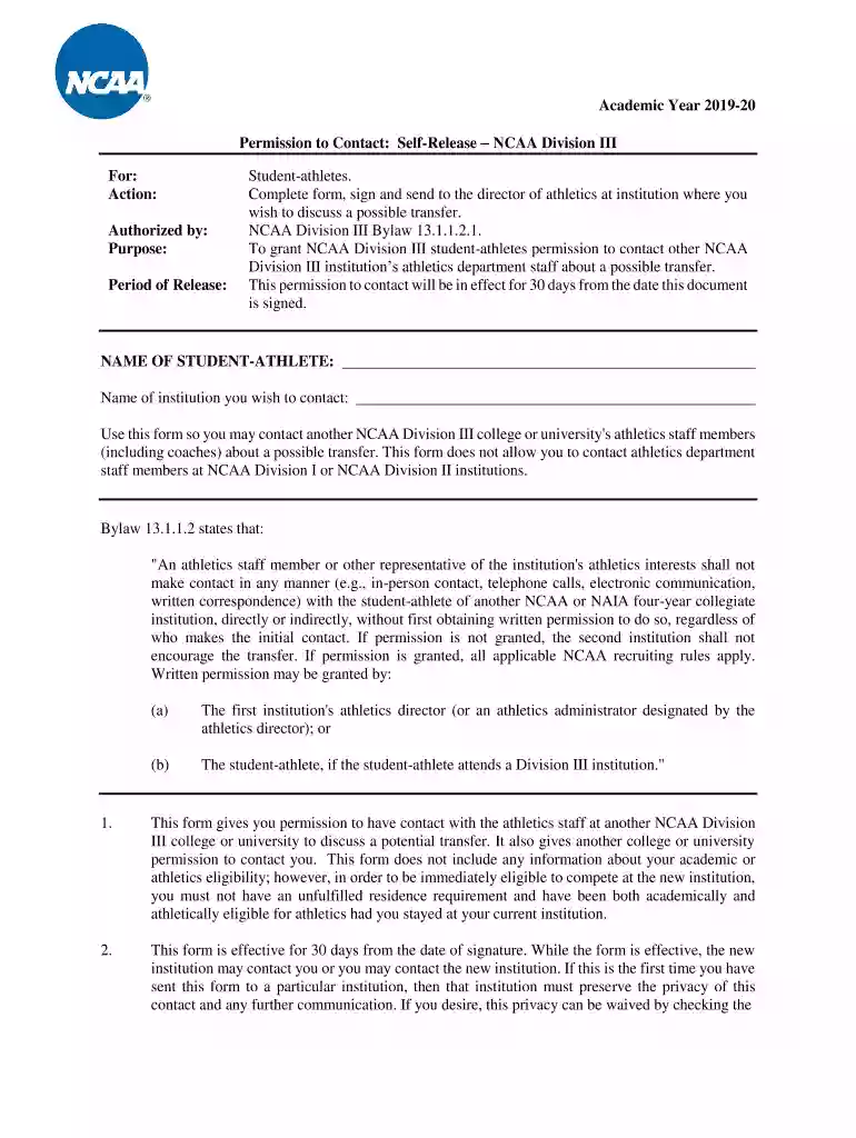 ncaa permission to contact form Preview on Page 1