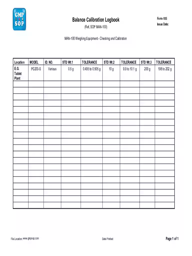 Balance Calibration Logbook Balance Calibration Logbook Preview on Page 1
