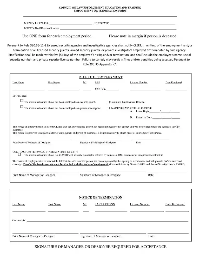 Agency Notice of Employment or Termination Preview on Page 1