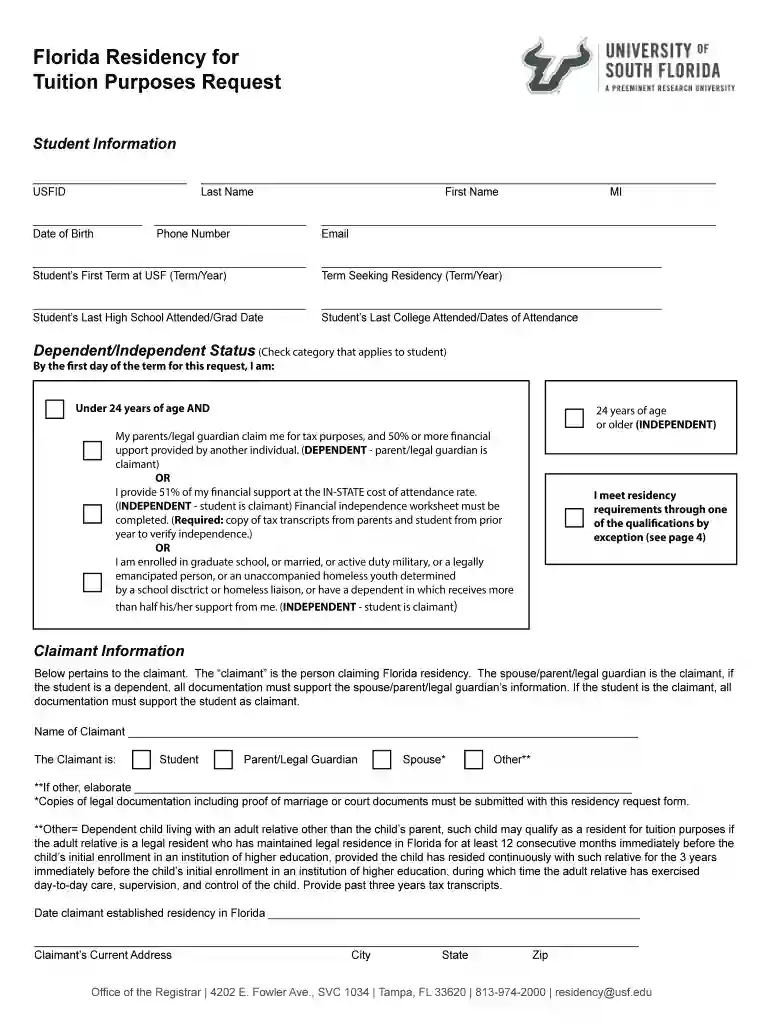 usf residency form Preview on Page 1