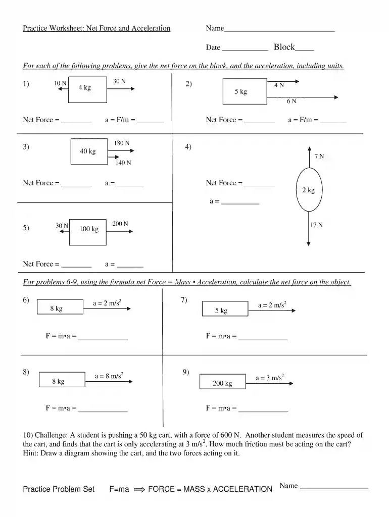 net force and acceleration worksheet Preview on Page 1