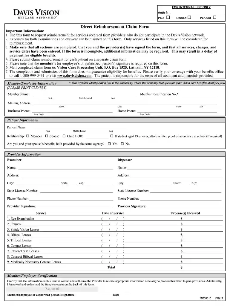 davis vision reimbursement form Preview on Page 1