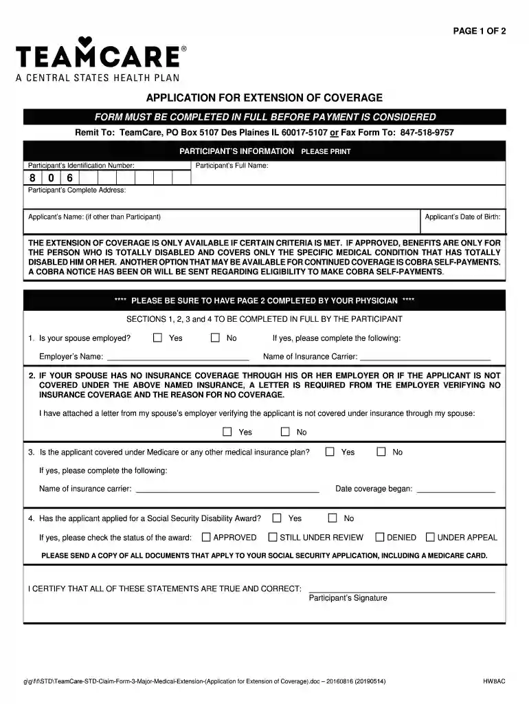 2019 Teamcare Application for Extension of Coverage Preview on Page 1