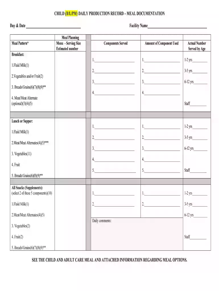 CHILD (B L PM) DAILY PRODUCTION RECORD MEAL DOCUMENTATION Preview on Page 1