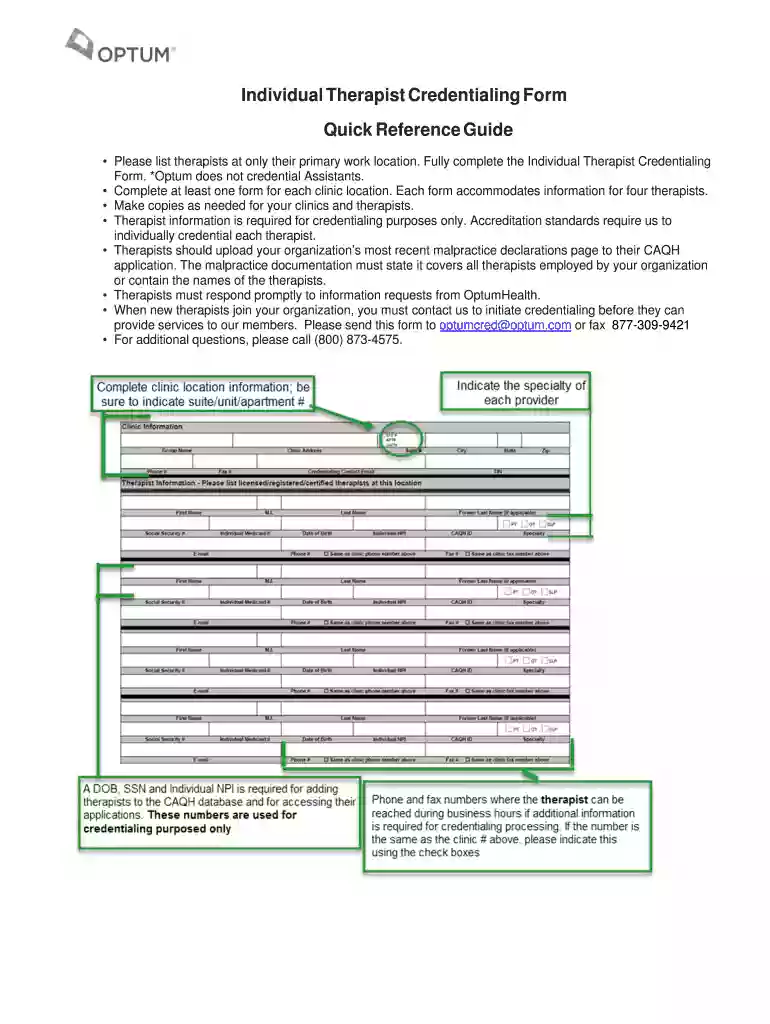 optum individual therapist credentialing form Preview on Page 1