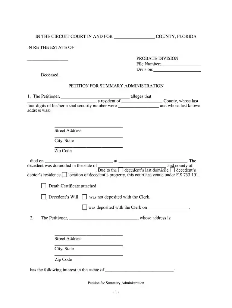 petition for summary administration florida example Preview on Page 1