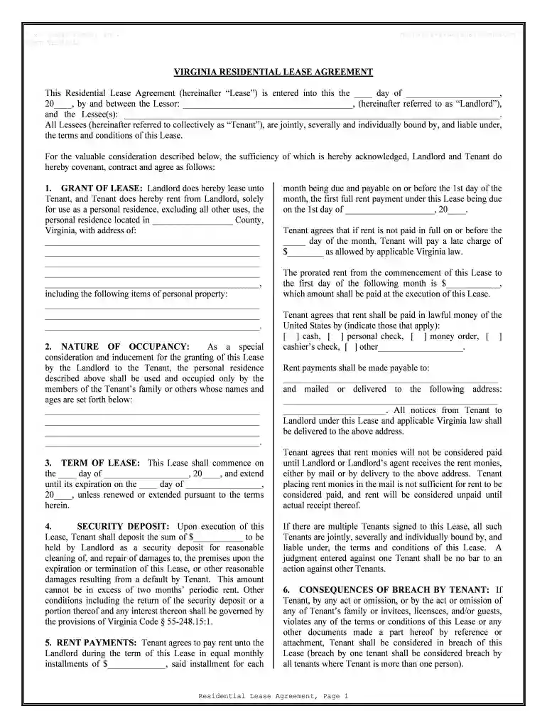 virginia lease agreement Preview on Page 1