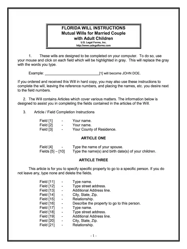 Florida Mutual Wills Package with Last Wills and Testaments for Married Couple with Adult Children Preview on Page 1